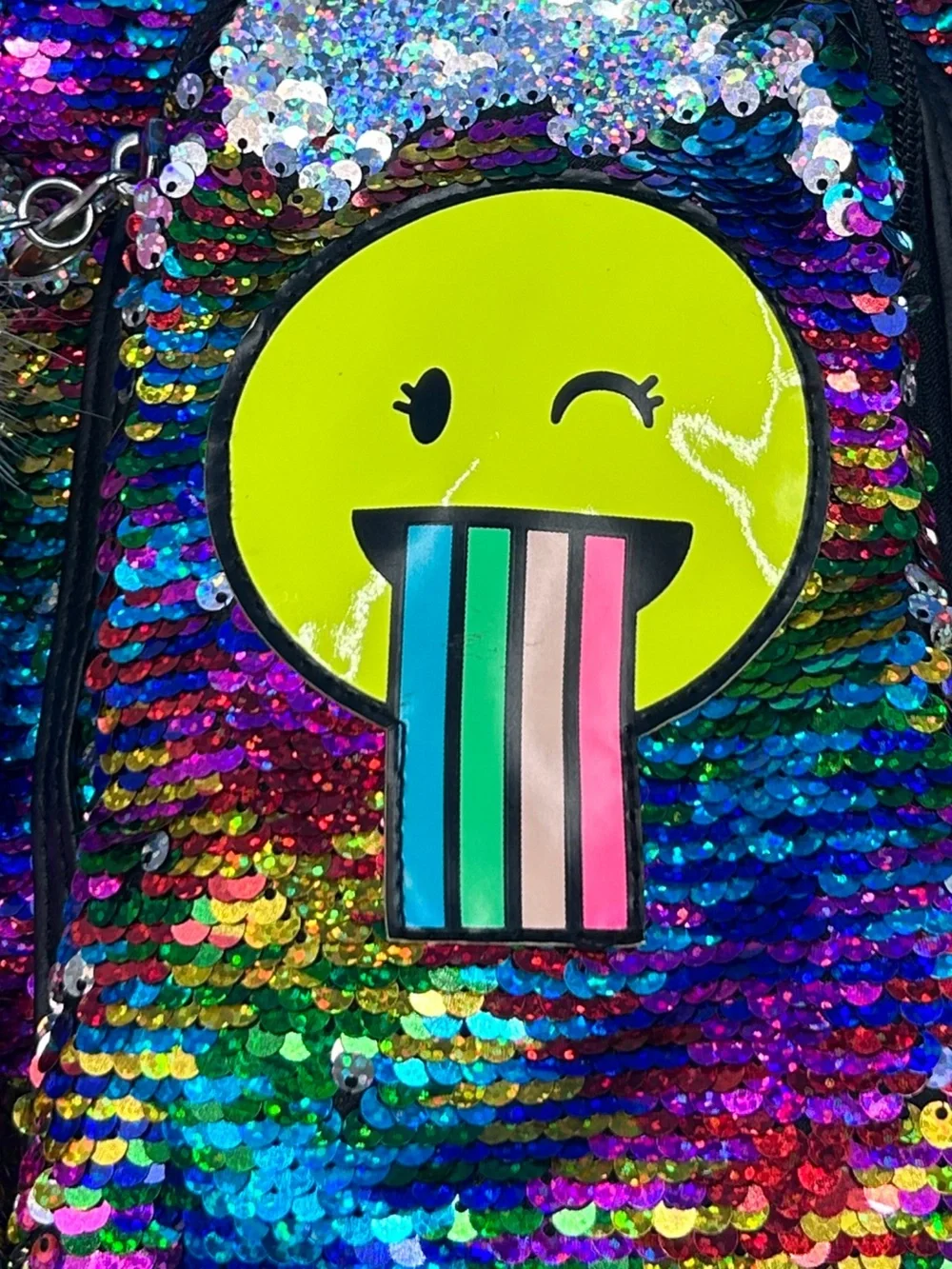 Justice Rainbow Sequin Emoji Mini Backpack Crossbody Purse with Pom Pom